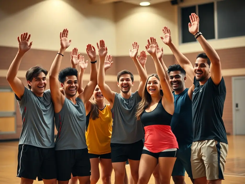 An image depicting a diverse group of dodgeball players celebrating a victory, emphasizing the teamwork and camaraderie fostered by LEOPARD DODGEBALL 27's programs.