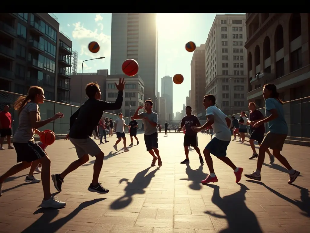 A dynamic image capturing the energy of a dodgeball training session, with participants of various ages and backgrounds actively engaged in the sport, set against an urban backdrop.