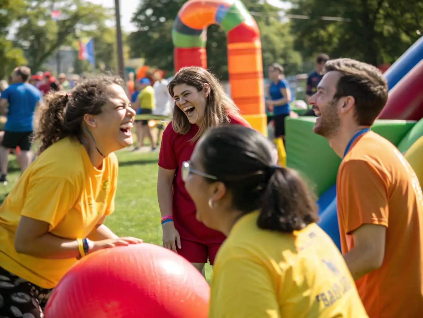 A photograph of children and adults laughing and interacting during a dodgeball game, highlighting the inclusive and joyful atmosphere of LEOPARD DODGEBALL 27's community events.