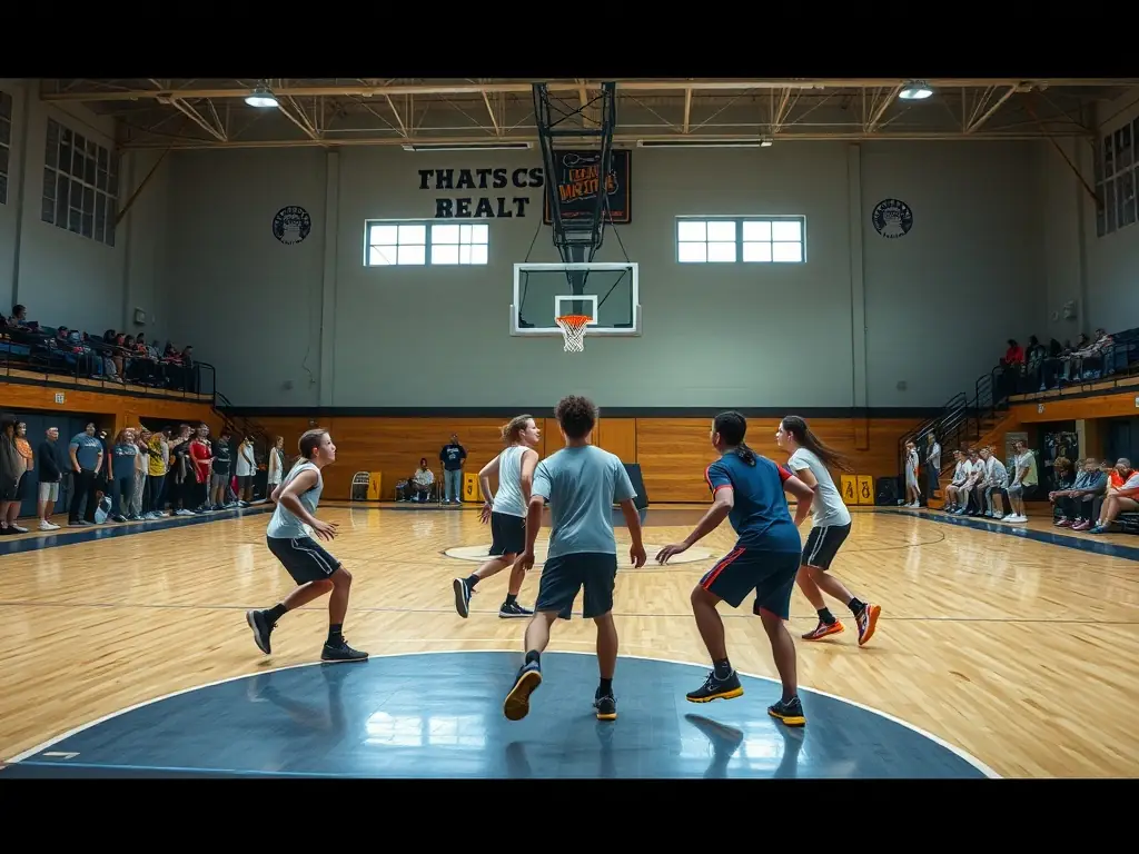 An action shot of a dodgeball competition, showcasing the intensity and excitement of the game, with players strategically dodging and throwing balls in a gymnasium setting.