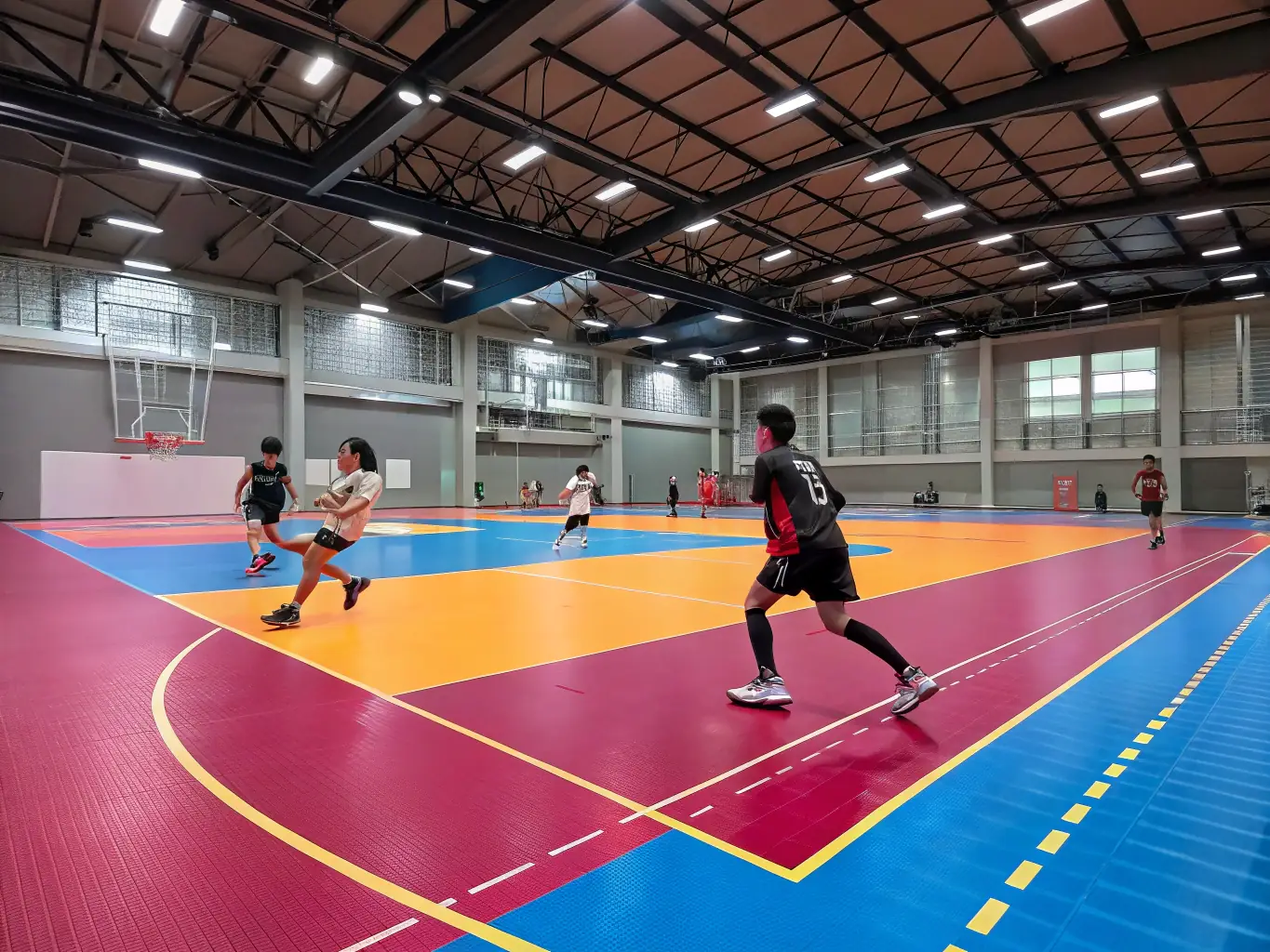 A dynamic image showing a group of people playing dodgeball indoors, with participants of various ages and backgrounds actively throwing and dodging balls, showcasing the inclusive nature of LEOPARD DODGEBALL 27's activities.
