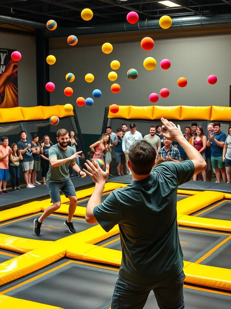 Action shot of a diverse group of people playing dodgeball in a community center, showcasing the energy and inclusivity of LEOPARD DODGEBALL 27's training sessions.