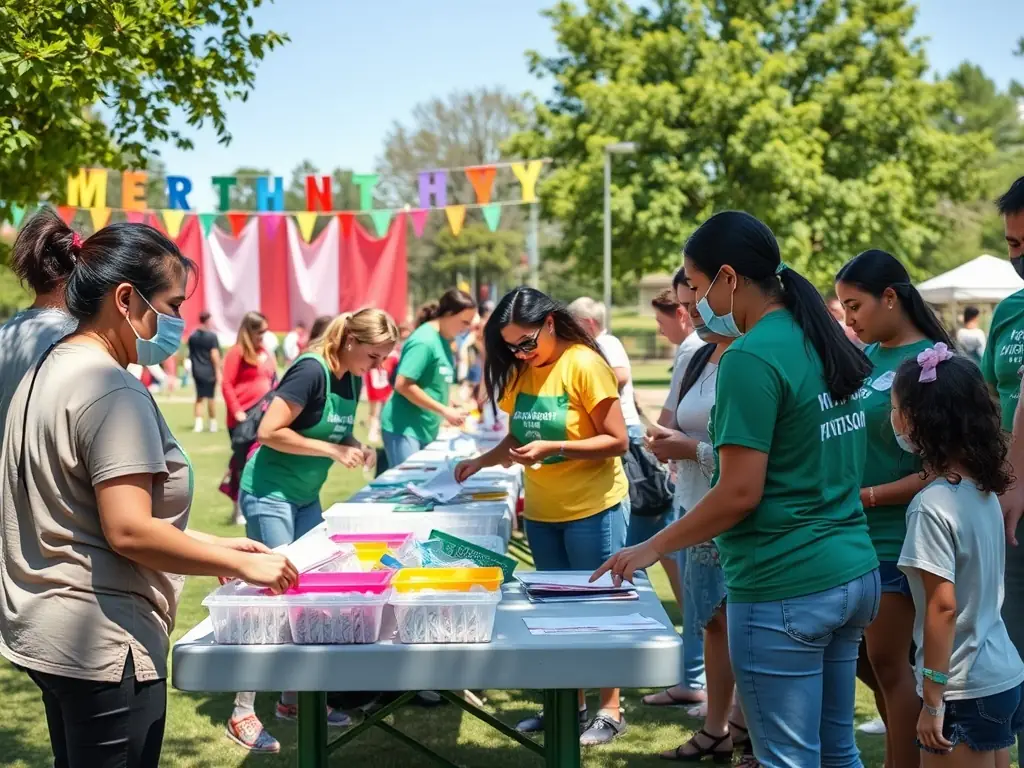 A heartwarming image of volunteers and community members collaborating on a local dodgeball initiative, such as a fundraising event or a community outreach program, in a park setting.